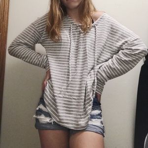 Gray and White Criss-Cross Neckline Sweater